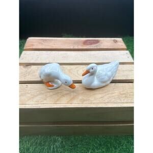 Vintage White Ceramic Duck Figurines -Pair - Hand Painted Orange Beaks